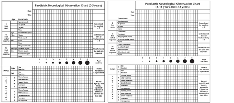 Paediatric Neurological Observation Charts (0-5 years), (5-11 years and >12 years)