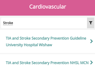 The filter functionality is available within NHSL Guidelines app in a shape of a filter box, where you type your keywords. The word type in the box is 'Stroke'.