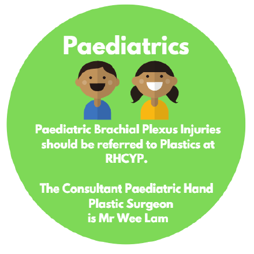 Paediatric brachial plexus injuries should  be referred to Plastics at RHCYP. The Consultant Paediatric Hand Plastic Surgeon is Mr Wee Lam.