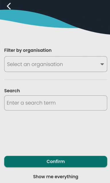Screenshot of organisational filter on RDS app.