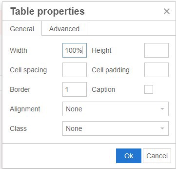 Screenshot of table properties menu