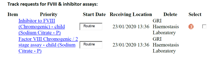 Track requests for FVIII & inhibitor assays - image of TrackCare screen