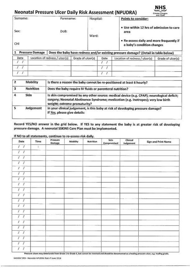 Neonatal Pressure Ulcer Daily Risk Assessment (NPUDRA) form