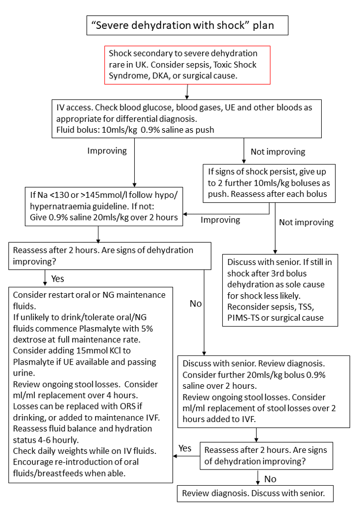 Severe Dehydration with Shock Plan flowchart