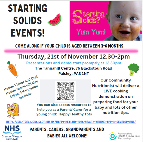 Starting Solids Events Flyer. Event takes place on Thursday 21st November from 12:30pm - 2pm at the Tannahill Centre, Paisley