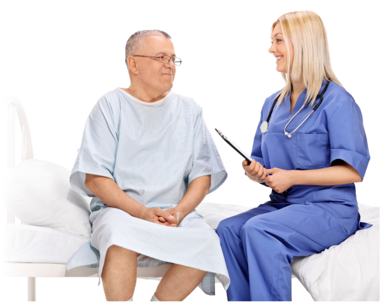 Patient sitting on bed with nurse