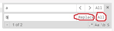Replace tool bar with the "Replace" and "All" buttons highlighted