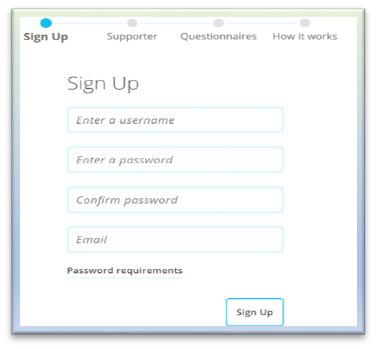 Screenshot of sign up screen showing enter a username, enter a password, confirm password and email