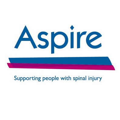 Logo for Aspire Charity. The word 'Aspire' is written in a blue font with a blue and purple underline. Underneath that, blue text reads "Supporting people with spinal injury"