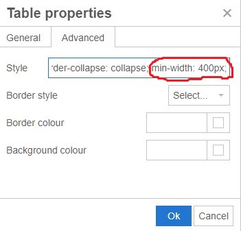 The Table properties: Advanced menu with the "min-width: 400px;" property highlighted