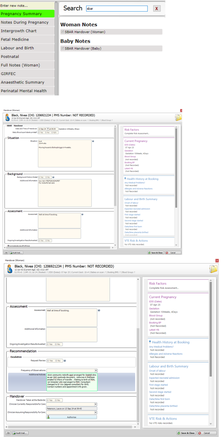 Screenshots of SBAR completion process