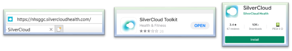 3 screenshot images showing visiting the SilverCloud website, https://nhsggc.silvercloudhealth.com, the SliverCloud Toolkit entry on an app store and the install option