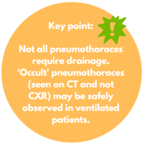 Not all pneumothoraces require drainage. 'Occult' pneumothoraces (seen on CT and not CXR) may be safely observed in ventilates patients.