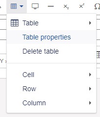 Screenshot of opening table properties menu