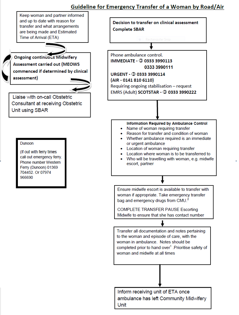 Flowchart with process for arranging emergency transport of pregnant women by road or air