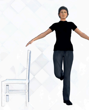 woman standing next to a chair on one leg with arms out for balance.