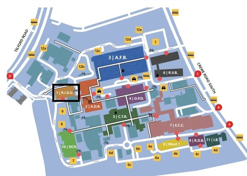 A map of the western general hospital with the location of RIDU highlighted