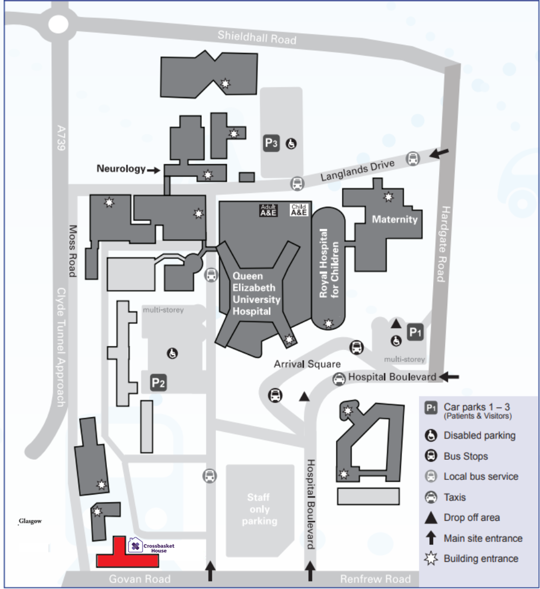 Hospital map with location of Crossbasket House marked